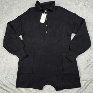 NWT LILLUSORY Womens Black Ribbed Knit Long Sleeve Polo Romper LS099-045‎ Small